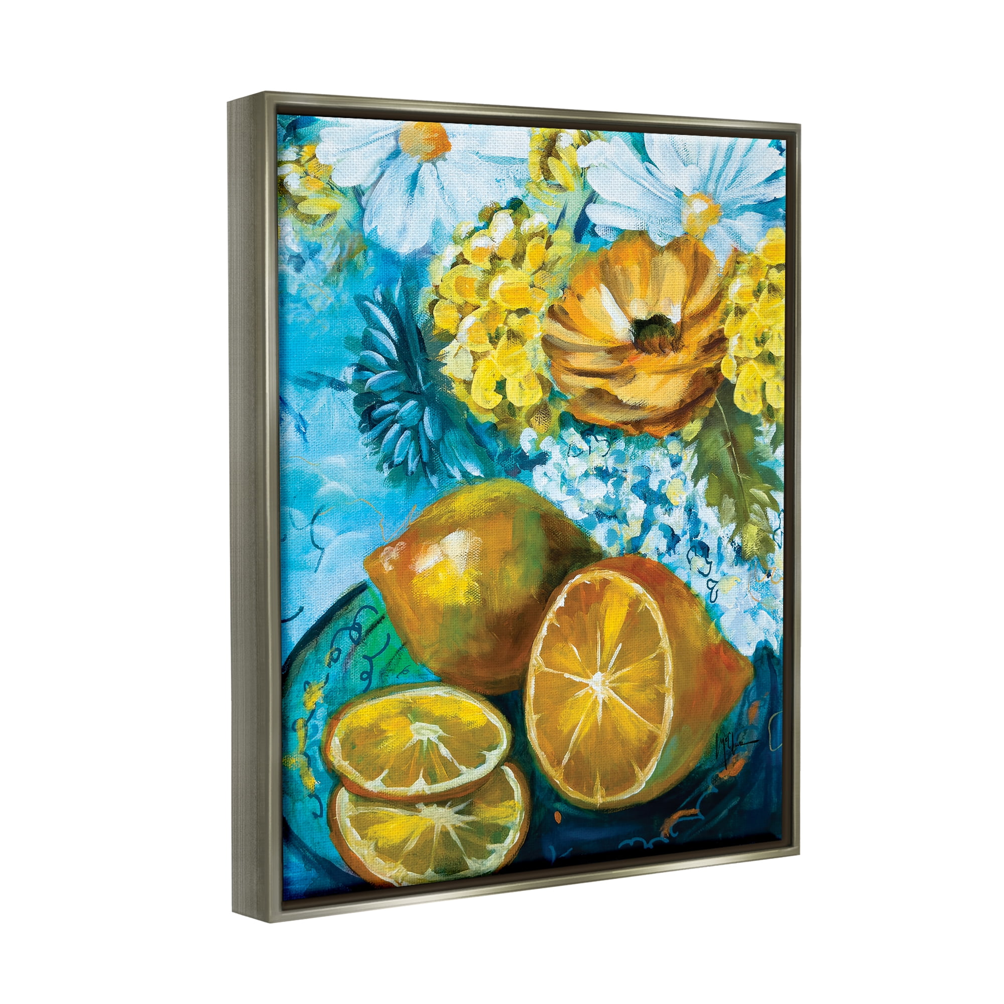 Stupell Industries Lemons & Flowers Painting Food & Beverage Painting Gray Floater Framed Art Print Wall Art, 17 x 21