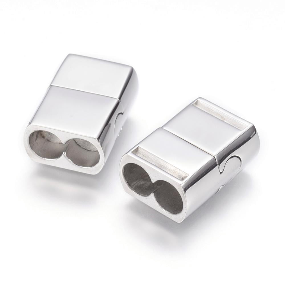 10sets Resistant 304 Stainless Steel Magnetic Clasps with Glue-in Ends Rectangle Stainless Steel color 19.5x15x8.5mm Hole: 6mm