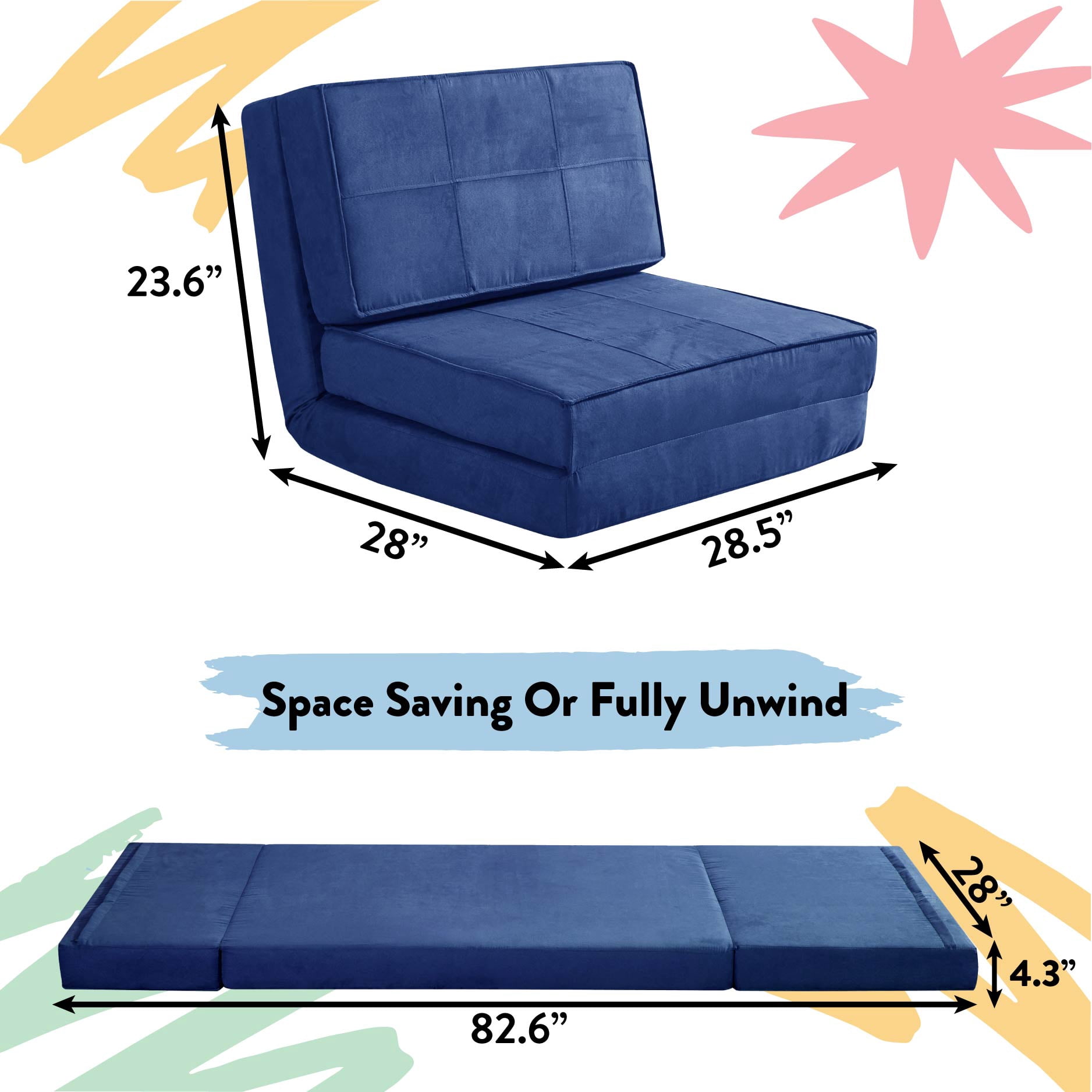 Room Revival Ultra Soft Suede 3-Position Convertible Flip Lounge Chair, Blue