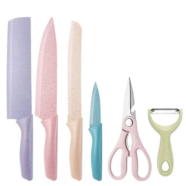 Juego de 6 utensilios de cocina y cuchillos de cerámica de color pastel