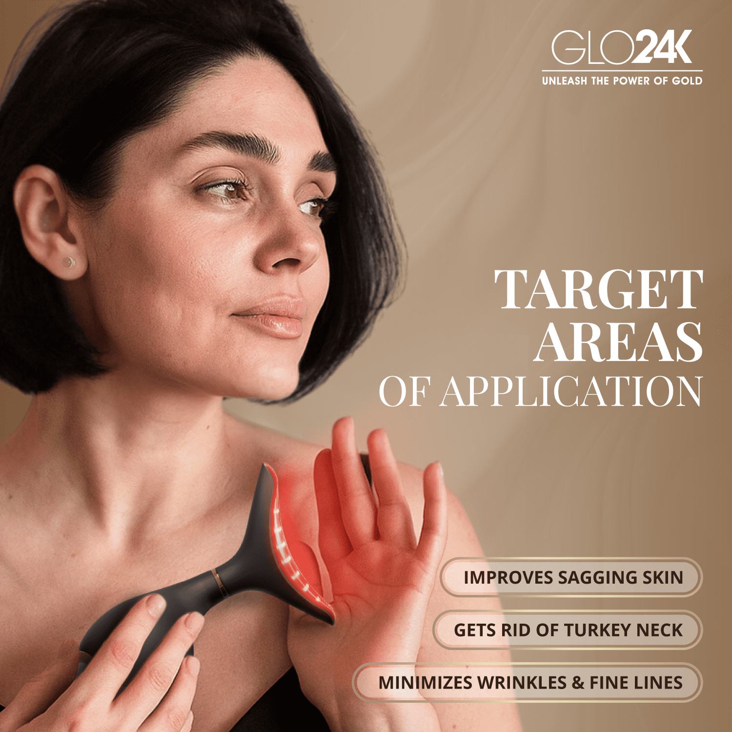GLO24K 3-in-1 LED Light Therapy Face & Neck Massager, Anti-Aging Skin Tightening Device with Red Light, Vibration & Thermal Technology for Wrinkles, Firming & Radiant Skin