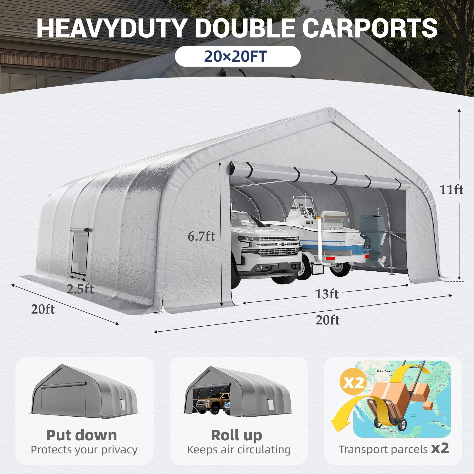 Mellcom 20x20 ft Carport, Heavy Duty Carports and Shelters with Galvanized Steel Frame and Waterproof 3-Layer PE Cover, Fits 2 Cars, Boat, Farm Equipment, Silver Gray