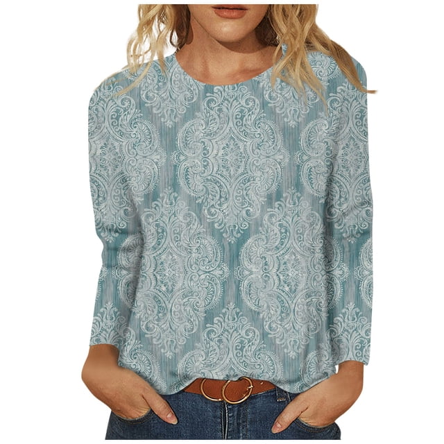 Blusa superior casual de manga larga con cuello redondo y estampado de moda para mujer azul claro / 5XL