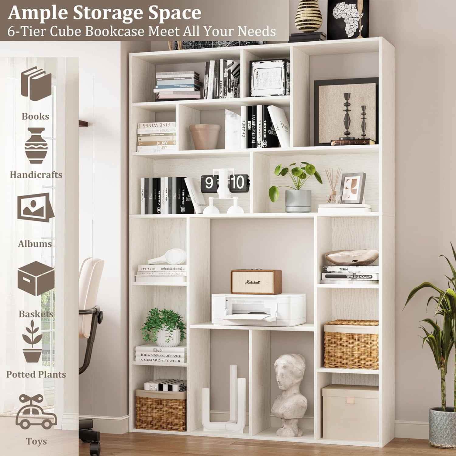 BOSHIRO 6 Tier Bookshelf, 71 in Tall Bookshelf with 16 Open Display Shelves, Large Bookcase for Office Living Room, White