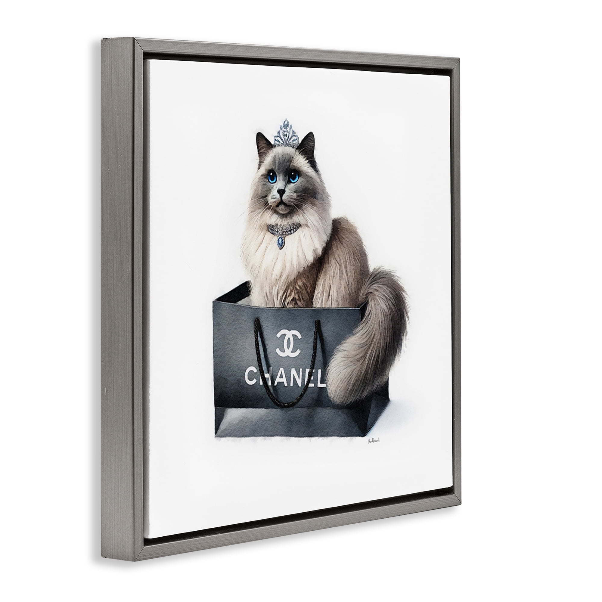 Stupell Industries Glam Cat Shopping Bag Animals Painting Gray Floater Framed Canvas Art Print Wall Art, 25 x 25
