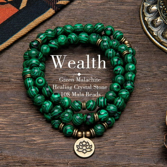JUSIP 8mm Green Malachite Healing Crystal Stone 108 Mala Beads Money Necklace Long Beaded Wrap Bracelets Genuine Gemstone Mala Prayer Beads Lotus Buddha Charm Yoga Meditation Necklace Jewelry