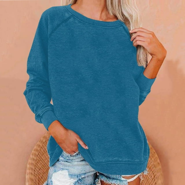 Hauts pour Femmes T-Shirts Dames Liquidation Blouses d'Été Mode Grande Taille Uni Col Rond Ample Manches Longues Rouge m