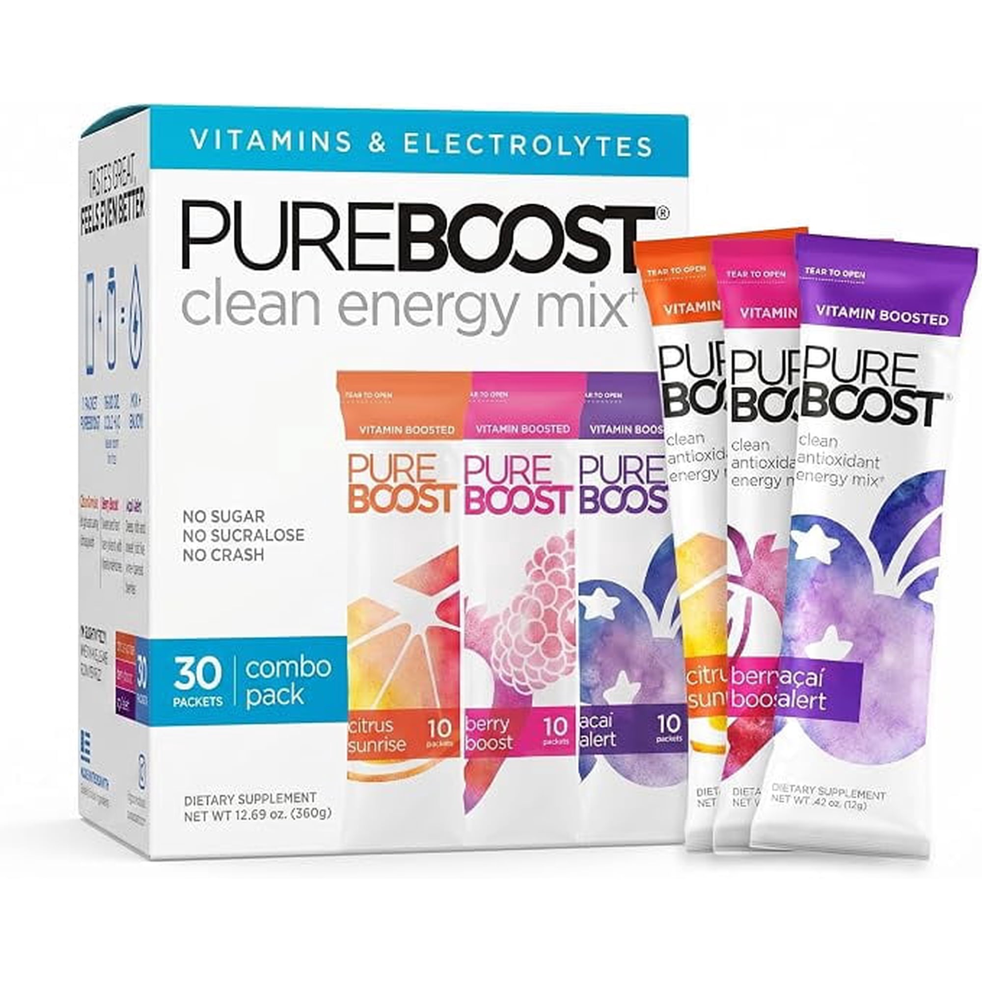 Pureboost Clean Energy Drink Mix, Citrus Sunrise, Berry Boost and Acai Alert , Sugar-Free (Combo Pack, 30 Count)