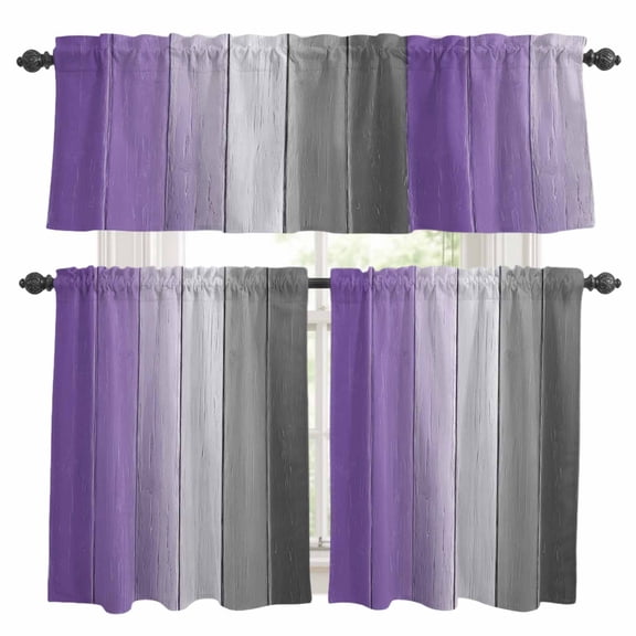 Purple Gray Ombre Kitchen Curtains Sets for Windows 36 Inch Length, Vintage Country Wooden Rod Pocket Window Treatments Tier Curtains and Valances Set for Bedroom/Bathroom