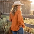thumbnail image 6 of Women's Floral Print Jacket, Trendy Lapel Ruffle Hem 3/4 Sleeve Button Down Top ,Lightweight Vintage Solid Color Casual Outerwear Saffron M, 6 of 6