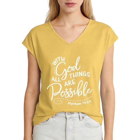 With God All Things Are Possible Womens T Shirts, Short Sleeve V-Neck Shirts Cute Fit Summer Casual Tee Tops Dopamine Color Daisy Yellow 5XL