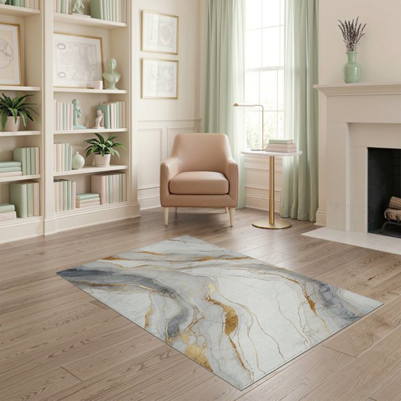 ODIKA 4'x6' Abstract Marble With Modern Veined Swirls And Minimalist Accents Washable Area Rug None for Home Office, Under Desk, Non-Slip Chair-Friendly, Flatwoven