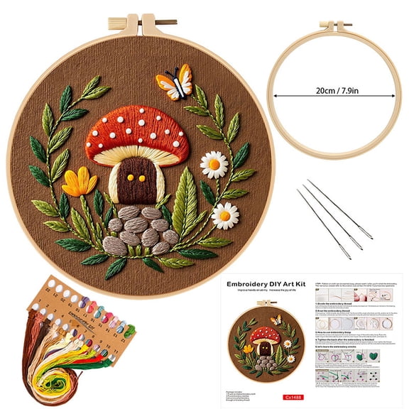 Embroidery Kit for Beginners Adults, Cross Stitch Kits, Craft Kits for Adults, Needlepoint Kit with Hoop & Threads, Video - Mushroom Floral Decor