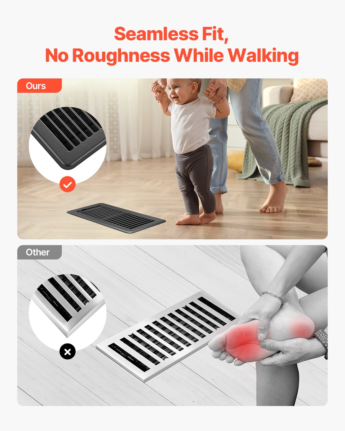VEVOR 4 x 10 Inch Floor Registers, 12-Pack Vent Grilles, HAVC Heavy-Duty Walkable Iron Floor Vents, Easily Adjustable Rust-Proof Air Vents Deflector with Metal Damper, Ideal for Home & Office, Black