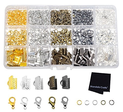 Ribbon Clamp with Loop Jewelry Making Mandala Crafts Fold Over Cord End Crimp Pinch Clasp Finding Box Kit for Bookmark Gold Silver Tone Kit