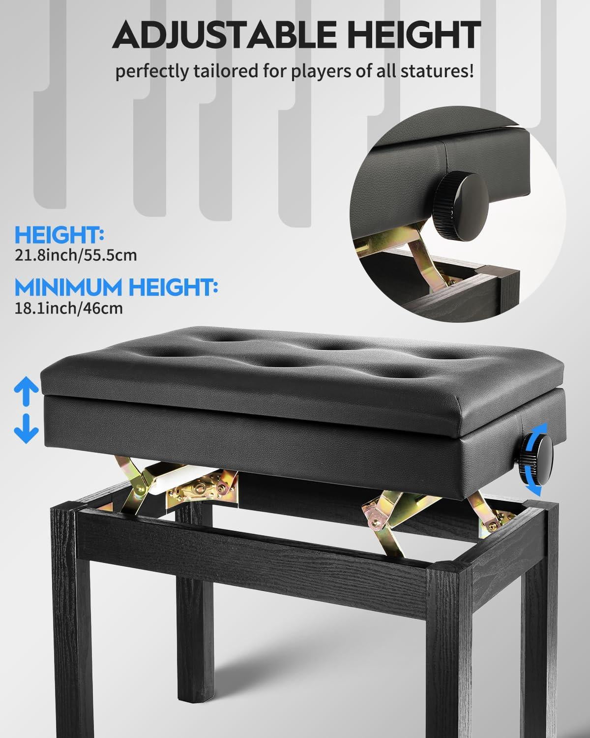 Adjustable Piano Bench With Storage  Wooden Keyboard Bookcase Stool Chair Seat High-density Sponges Cushion For Shop Music School Studio Black Spb-20