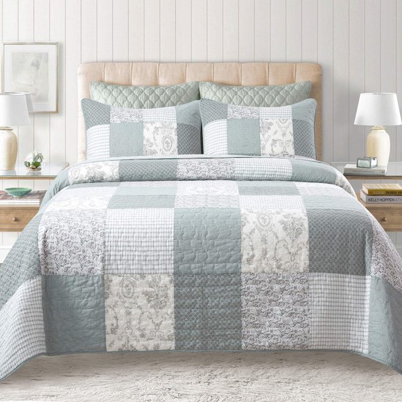 Soul & Lane Memory Lane 3-Piece Cotton Quilt Set - Queen Size with 2 Shams, Sage Green Patchwork Quilted Comforter, Lightweight Country Pieced Bedspread, Neutral Modern Farmhouse Bedding
