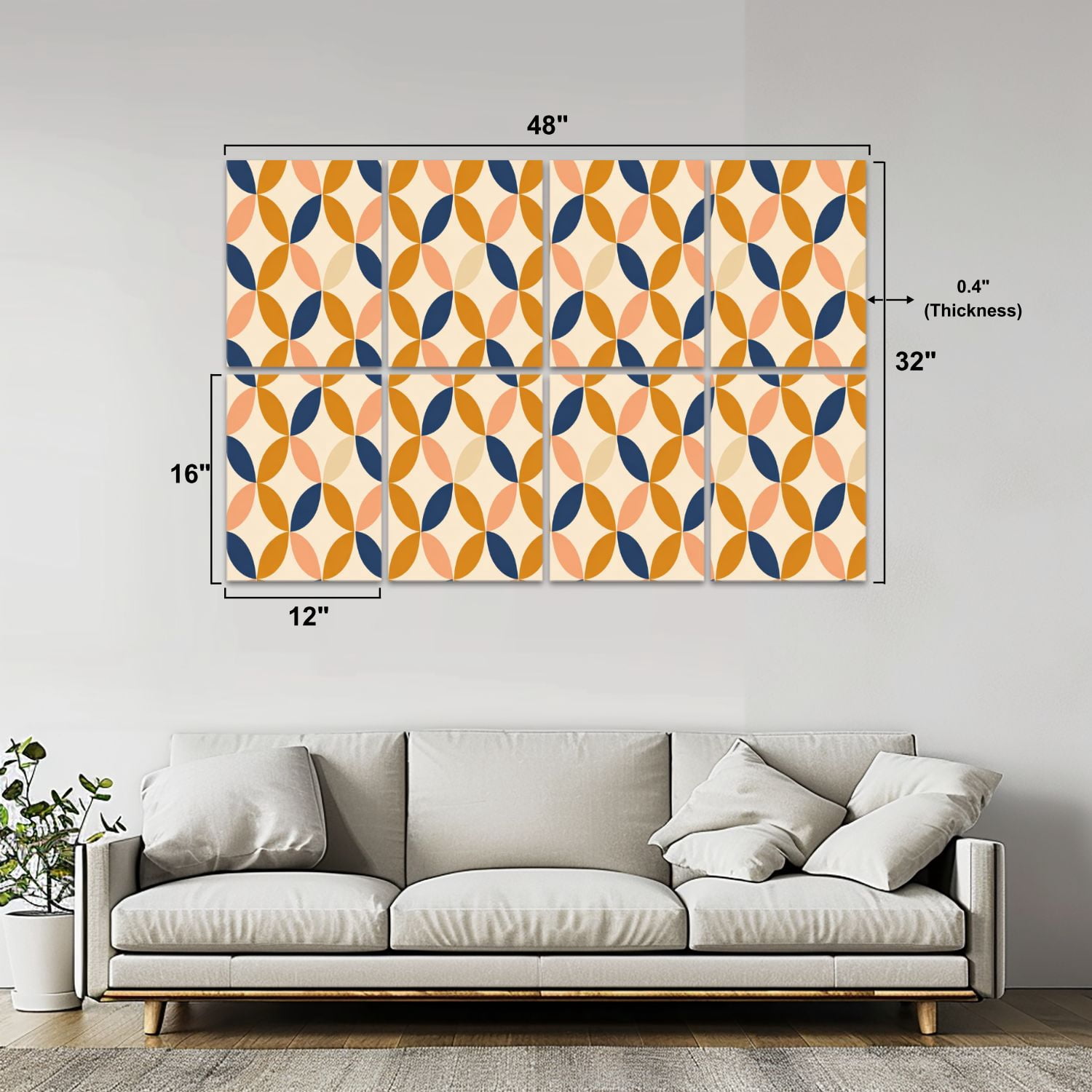 8 Pack Art Acoustic Panels Geometric Abstract Orange Navy Beige Shapes Self Adhesive Absorbing Dampening Panels Self Adhesive for Nursery Game Room Bedroom 48"x32"