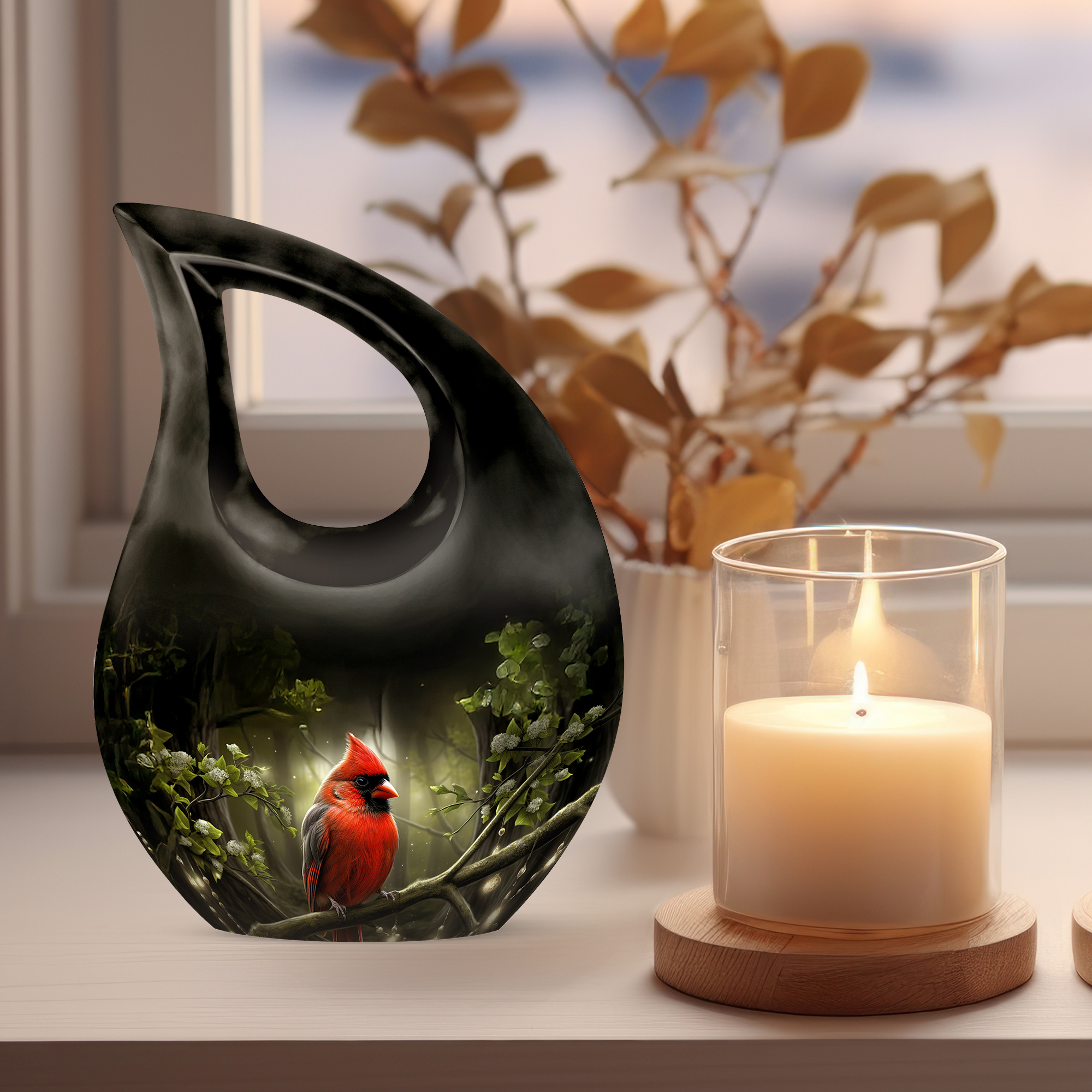 MUKTIVE Red Cardinal Large Cremation Urn for Human Ashes Male & Female - Cross Drop Black Memorials & Funerary Urns - Remembrance Gift for Loss for Dad - Cremation Ashes Holder - 10 Inch