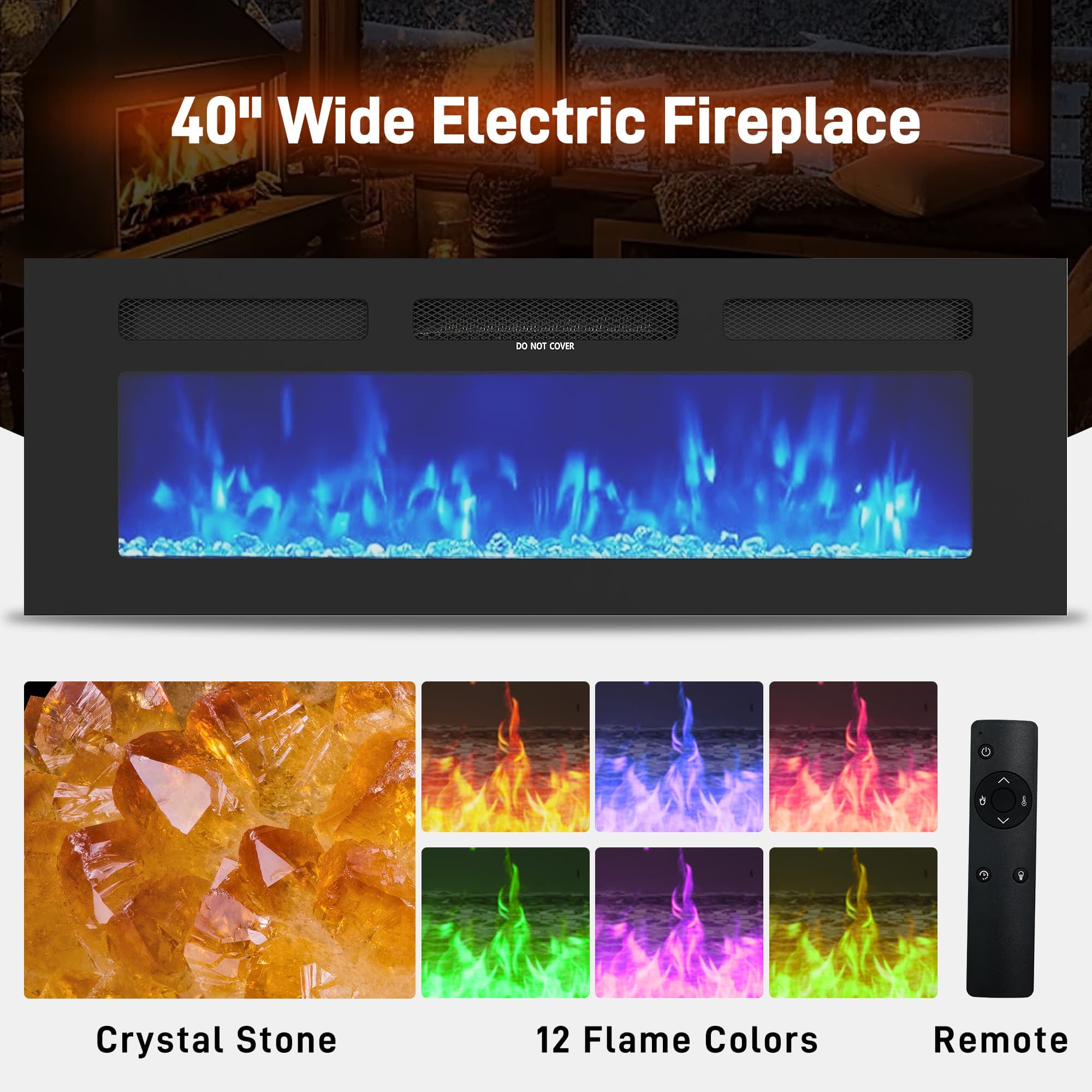 Fireplace TV Stand for 70" 75" 80" with LED Light & Outlets, 70" Large Entertainment Center Gaming Soundbar Shelf with 40'' Electric Fireplace
