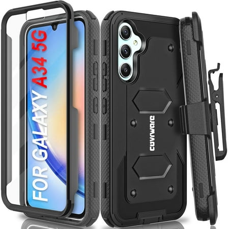 COVRWARE Aegis Series Case for Samsung Galaxy A34 5G, Full-Body Rugged Swivel Belt-Clip Holster Dual Layer Cover, Stand with Built-in Screen Protector, Black