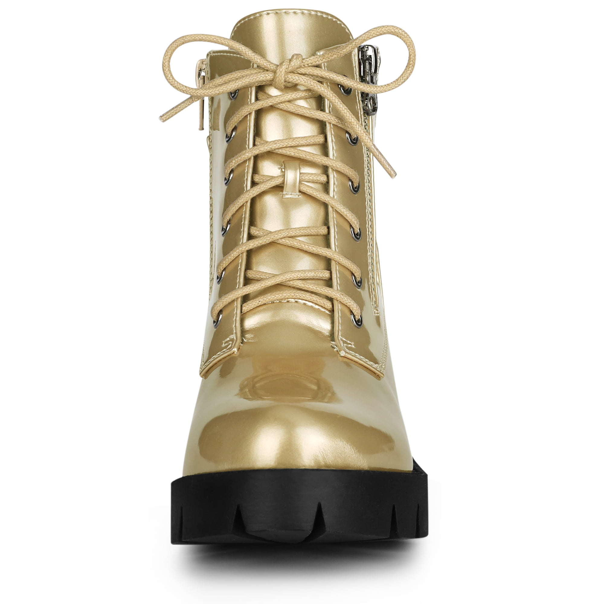 DARING DIVA Women's Chunky Heel Lace Up Zipper Combat Boots Gold US 7