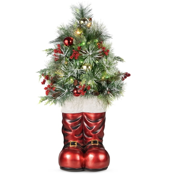 Best Choice Products 40in Santa Boots Decoration w/ Pre-Decorated Christmas Greenery, Battery-Operated Lights