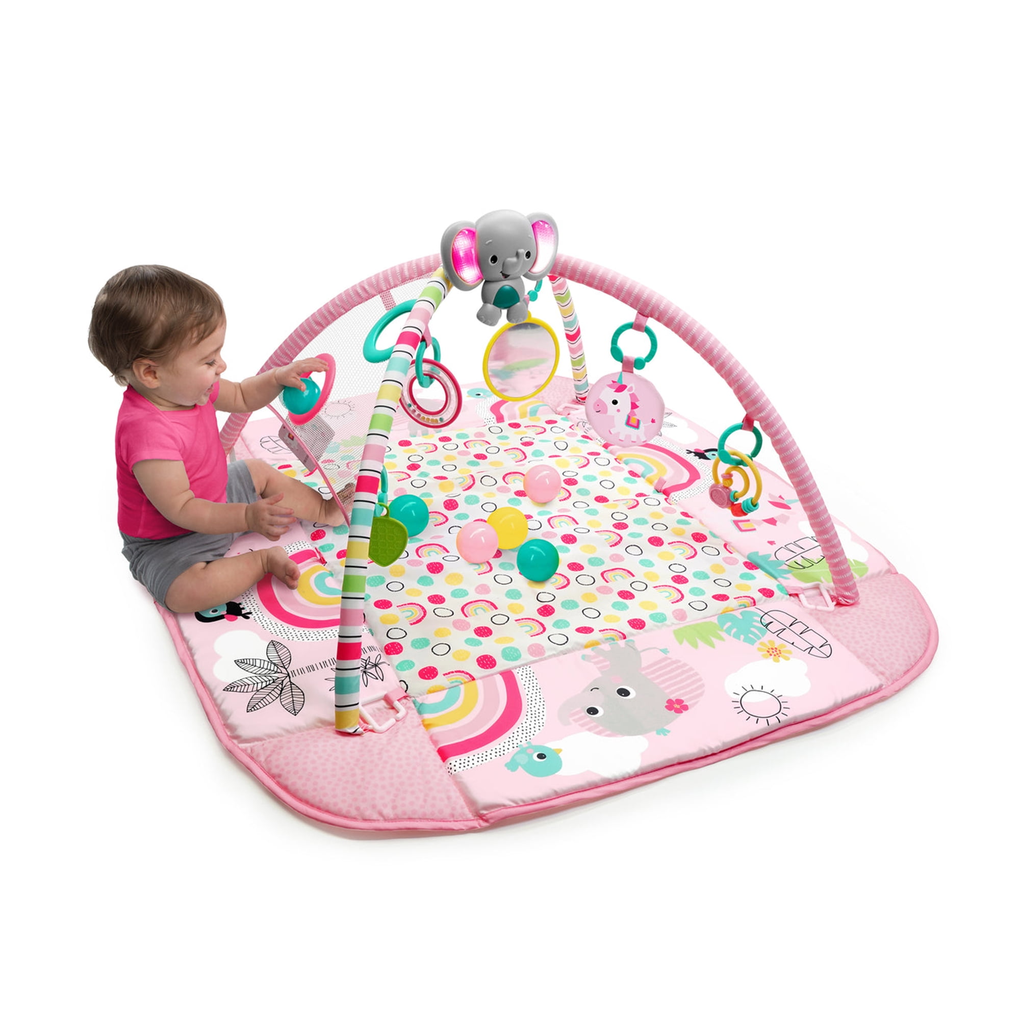 Bright Starts 5-in-1 Your Way Ball Play Baby Activity Play Gym & Ball Pit, includes 7 toys, Newborn to Toddler - Rainbow Tropics (Pink)