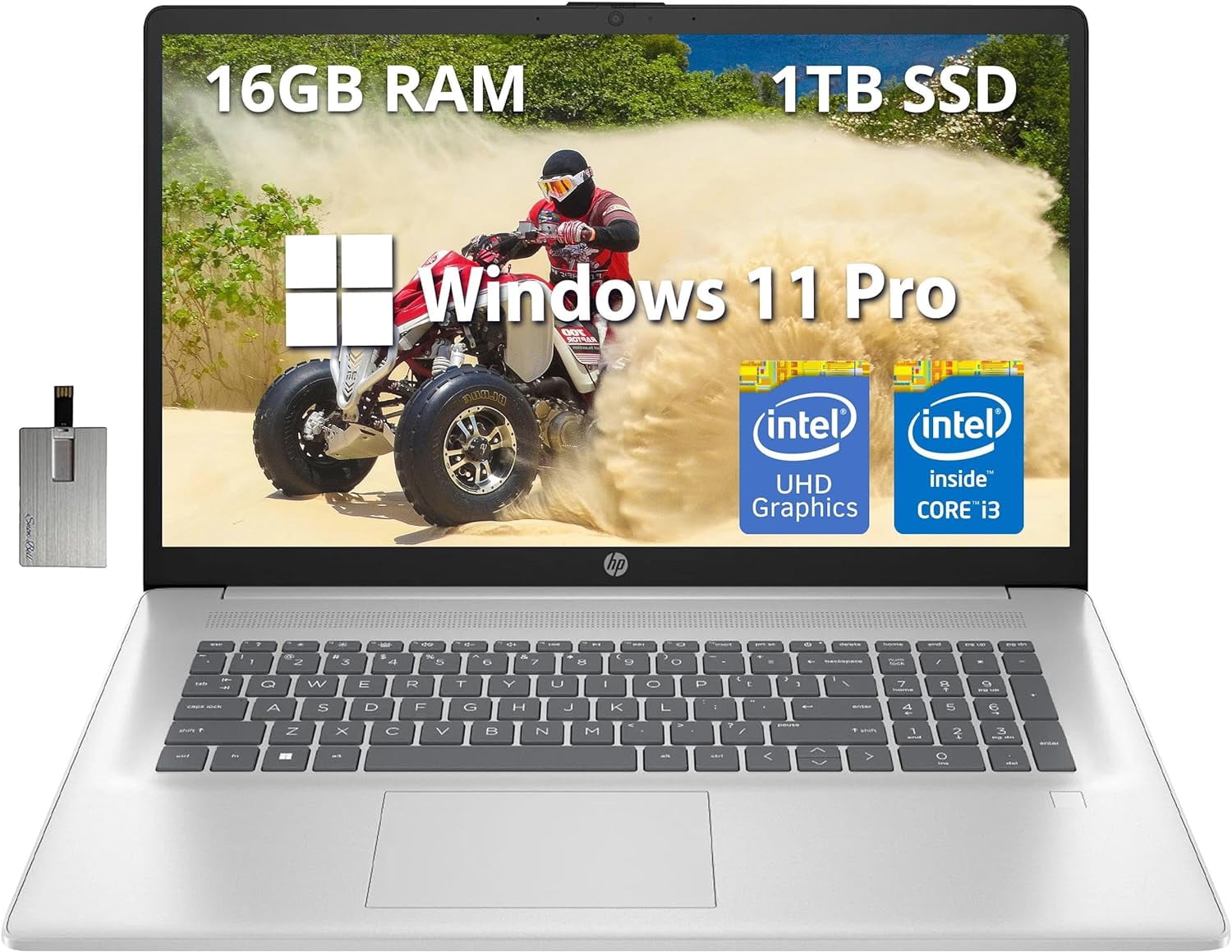 HP 17.3" IPS FHD Business Laptop, Intel Core i3-N305 Processor, 16GB RAM, 1TB SSD, Intel UHD Graphics, Fingerprint Reader, HD Camera, Wi-Fi 6, Windows 11 Pro, Natural Silver, 32GB Hotface USB Card