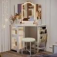 thumbnail image 4 of LVSOMT Makeup Vanity Desk with 3 Lighting Options, Dressing Table with Charging Station, Vanity Set with 4 Cabinets, Shelves and Stool, Corner Vanity for Women Girls, White, 4 of 8