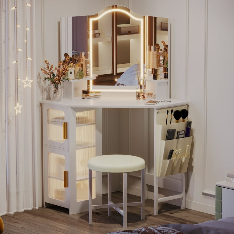 LVSOMT Makeup Vanity Desk with 3 Lighting Options Dressing Table with Charging Station Vanity Set with 4 Cabinets Shelves and Stool Corner Vanity