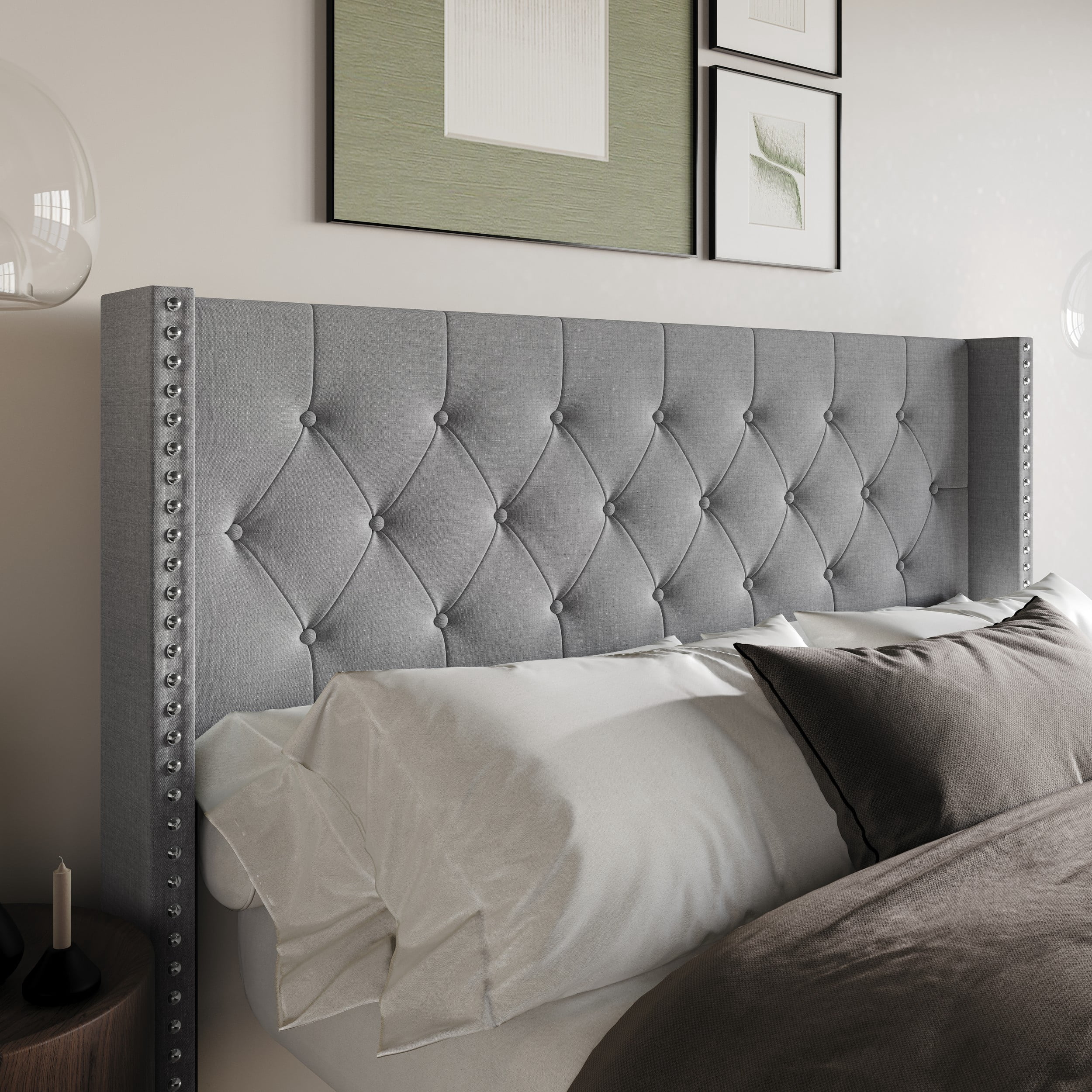 Home Design Grinnell King Tufted Upholstered Headboard with Wingback Design & Button-Tufted Detail, Gray, Easy Assembly