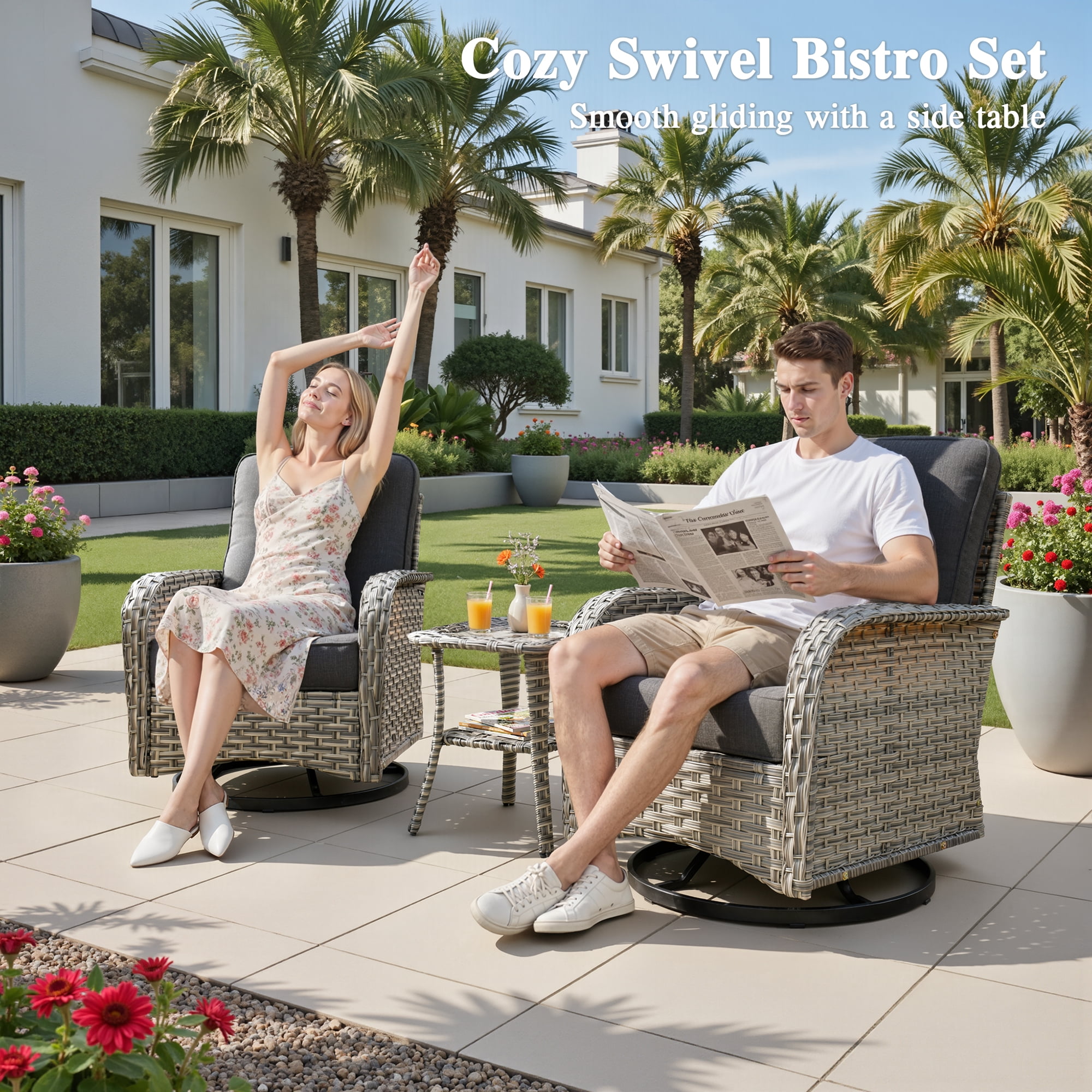 Ovios 11 Pieces Patio Furniture Set All-Weather Wicker Outdoor Sectional with 54" Fire Pit, Swivel Chairs & Solar Table