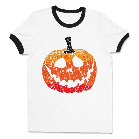 Pumpkin Face Ombre Ringer Tee Shirt Unisex Large White/Black