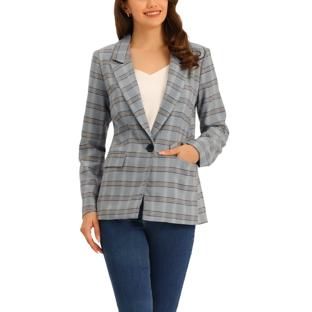 INSPIRE CHIC Blazers pour Femmes Revers Cranté Manches Longues un Bouton Blazer à Carreaux TP Gris Bleu