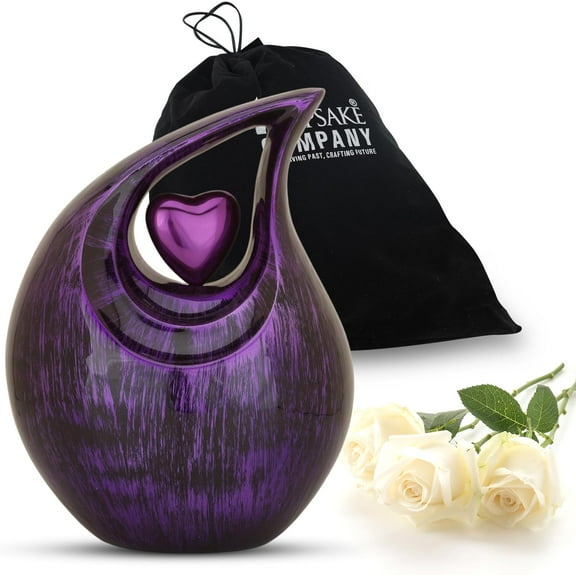 Tear Urn for Ashes 2.5L - Black & Purple Aluminum with Heart Insert - Teardrop Urns for Human Ashes - Cremation Urns for Adult Male/Female - Decorative Burial & Funeral Urn