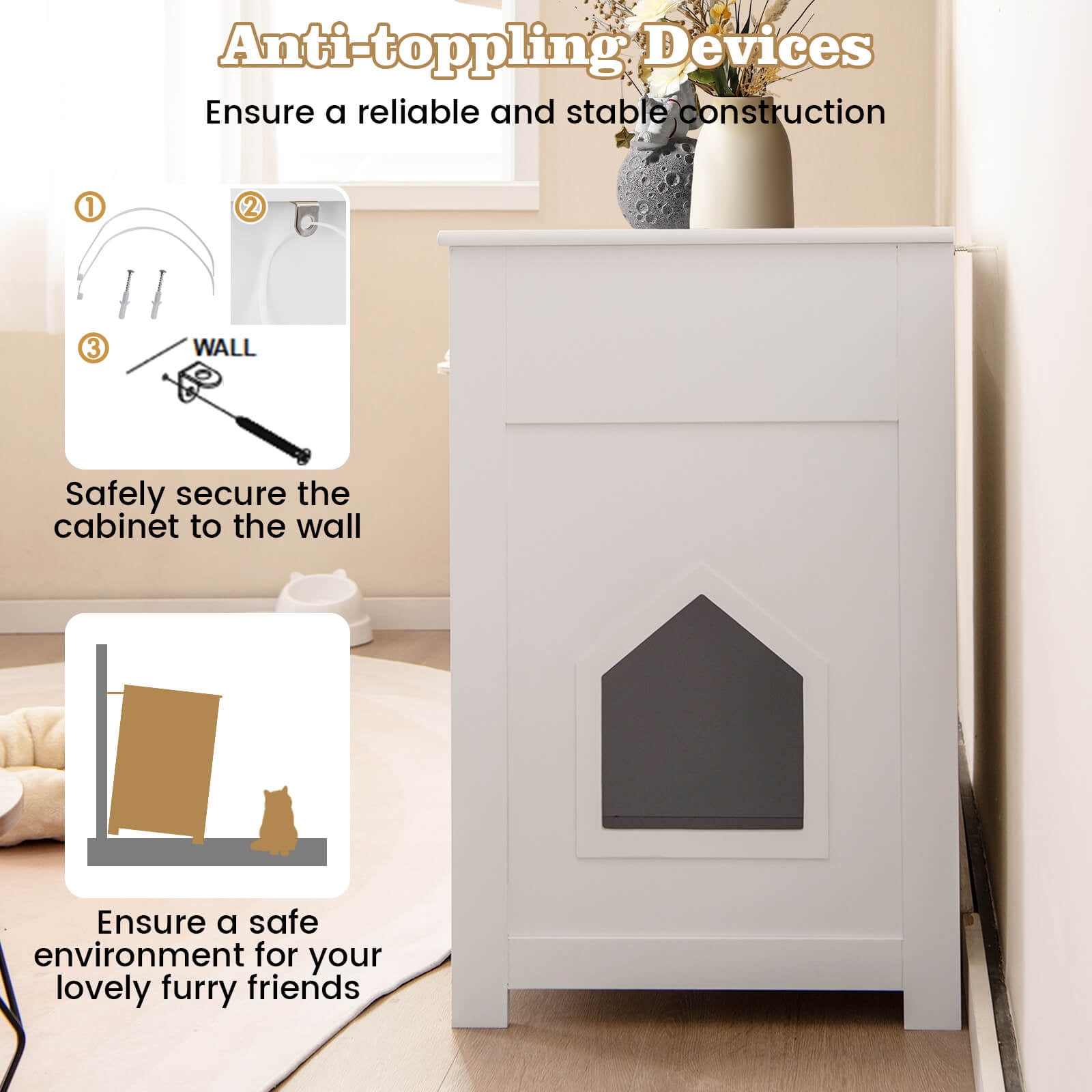 Costway Cat Litter Box Enclosure with 2 Drawers Double Doors Open Shelves Modern Indoor