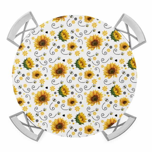 Elastic Fitted Round Tablecloth, Sunflower Waterproof Stretch Table Cover for 45"-54" Tables, Summer Botanical Farmhouse Floral Elegant Washable Outdoor Tablecloths for Patio, Picnic, Camping