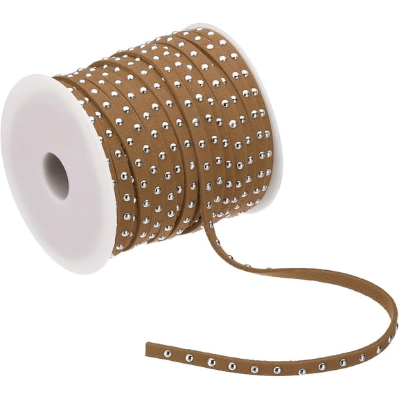 EP 65.6ft Studded Faux Suede Cord Rope for Jewelry Making, 5mm Micro Fibre Flat Leather Lace Beading String Ribbon with Rivets, Brown Silver