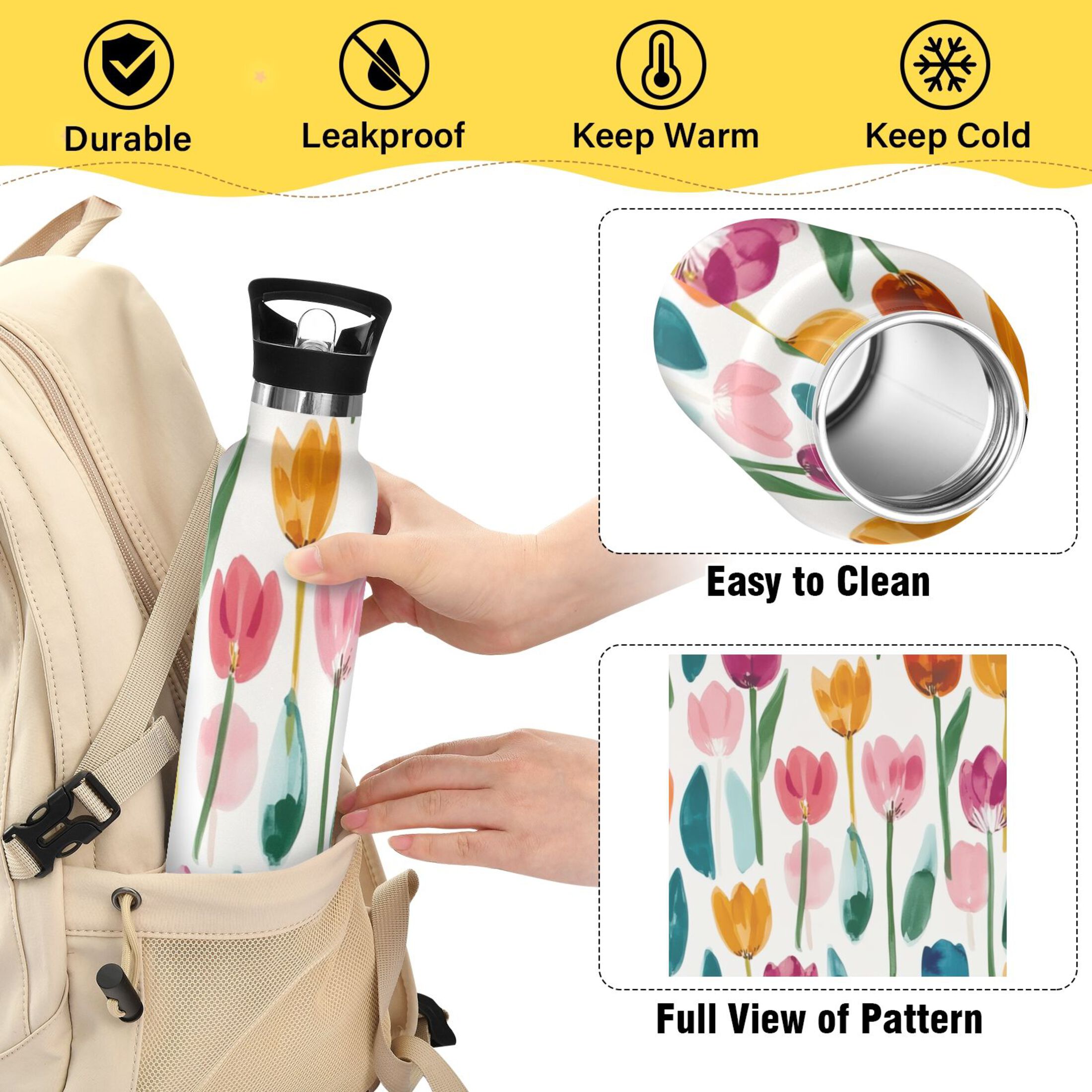 Kids Insulated Stainless Steel Sports Water Bottle 600ml (20oz) Cute Watercolor Tulips