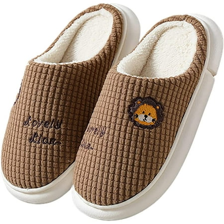 

PIKADINGNIS Unisex House Slippers Cute Lion Embroidery Warm Plush Lined Anti-Slip Bedroom Slippers Indoor Outdoor