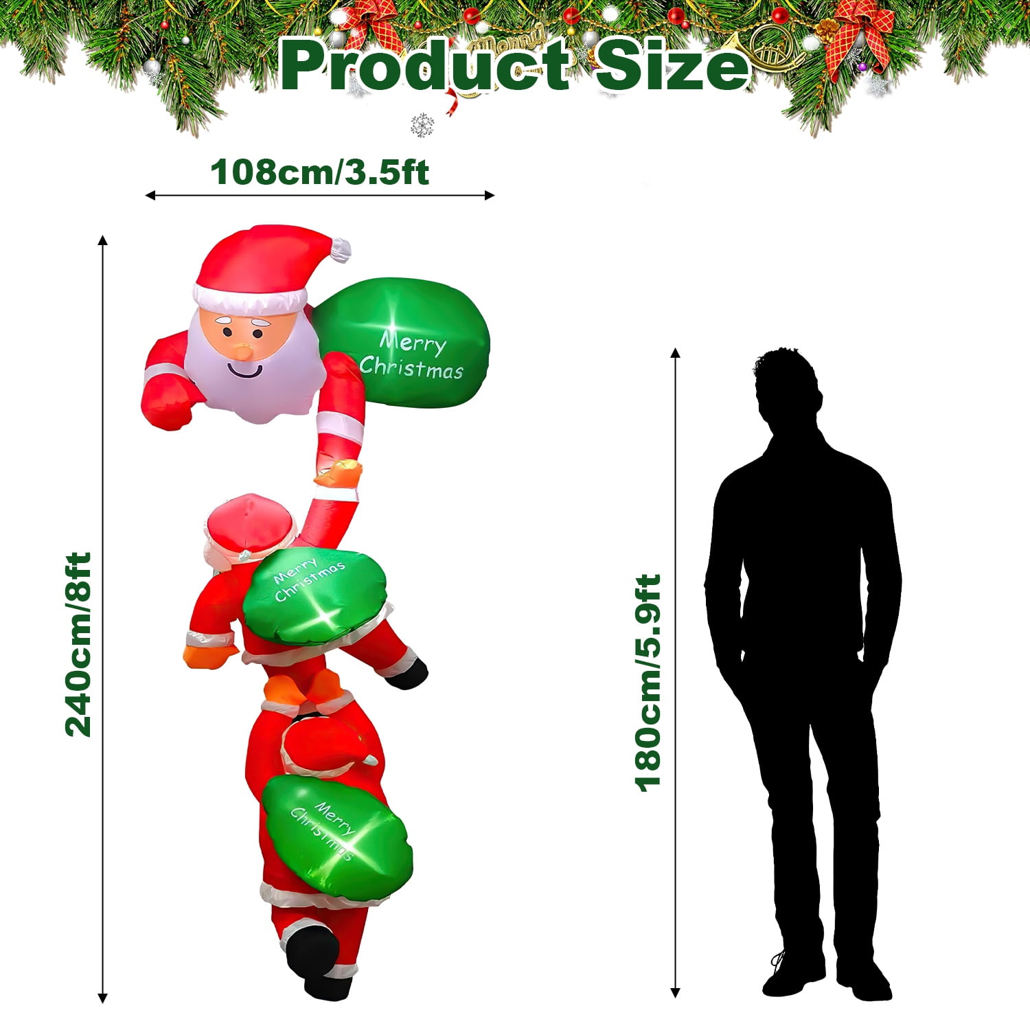 Astoutdoor 8 ft Inflatable Santa Claus with 6 LED Lights, 3 Santa Designs and 3 Merry Christmas Signs, Waterproof Polyester, 4 Suction Cups and 6 Ropes for Indoor Outdoor Christmas Decoration