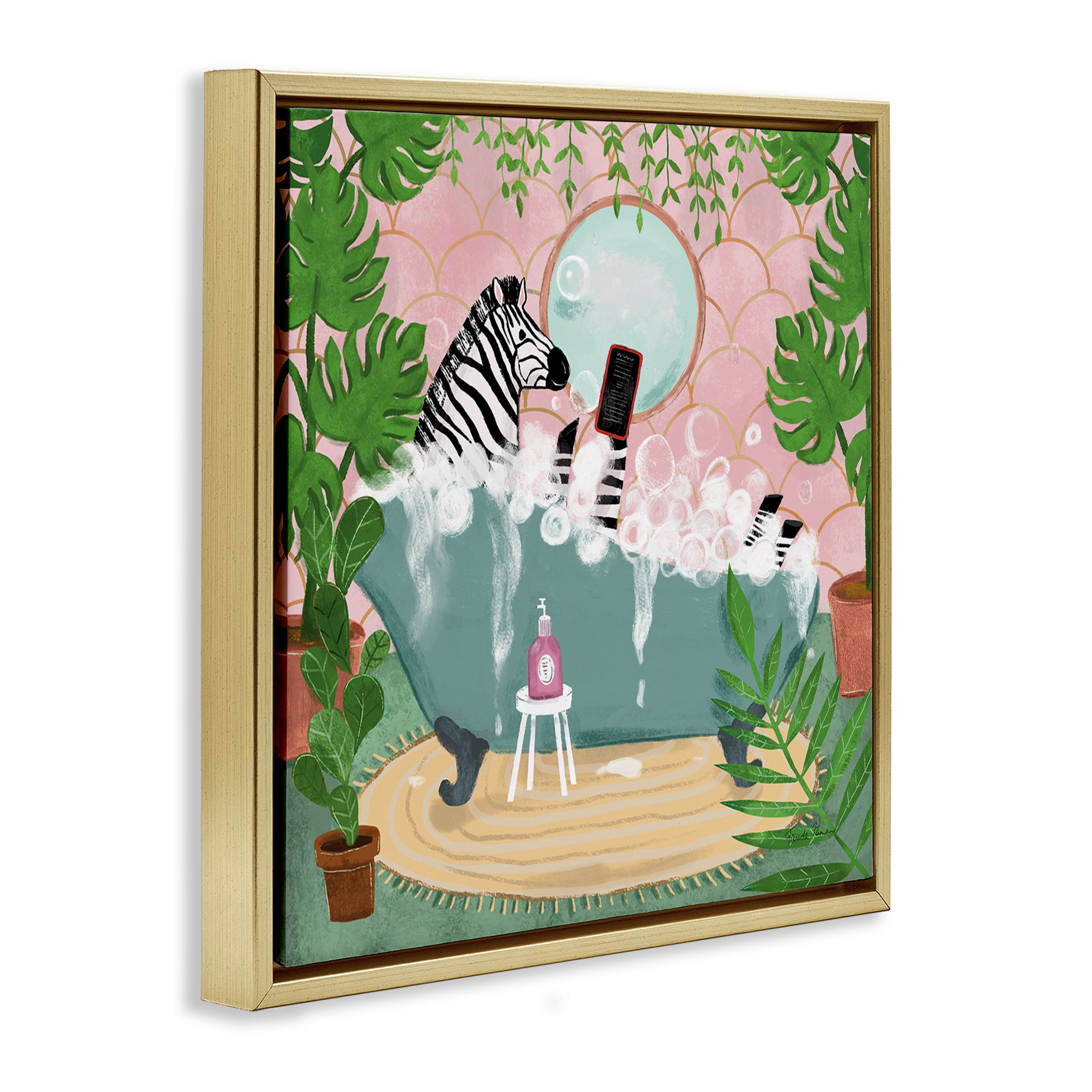 Stupell Industries Zebra Fun Bath Time Typography Painting Gold Floater Framed Canvas Art Print Wall Art, 25 x 25