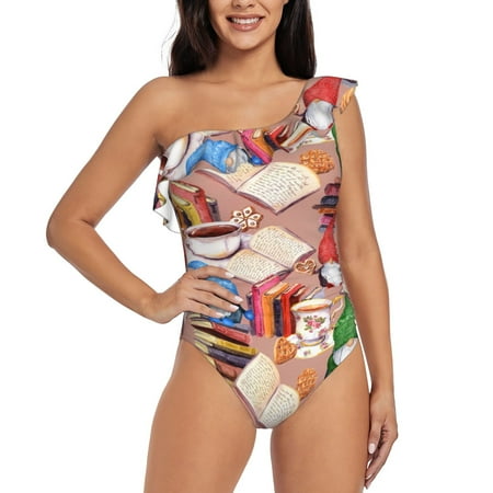 Uemuo Gnomes Books Tea Cups Print Women s One Piece Swimsuit Asymmetrical Neck Bathing Suit One Shoulder Side Cutout Ruffle Swimwear-Large