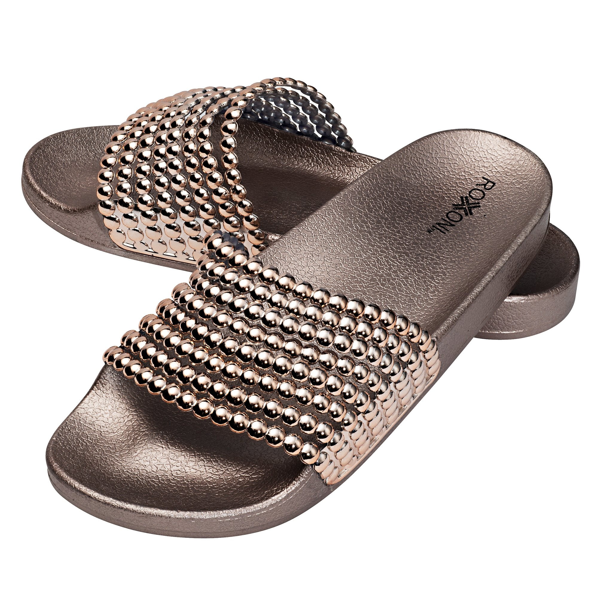 H2K Slide Sandals for Women Summer Comfy Genuine Leather Footbed Slide Sandals Slip-On Flat Adjustable Buckled Straps-Pewter Silver 