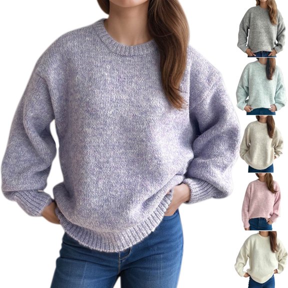 LOVZFMLL Women's Sweaters Acrylic Crew Neck Ribbed Pullover Solid Color Casual Basic Loose Soft Long Sleeve Tops Warm Fall Winter Clothes