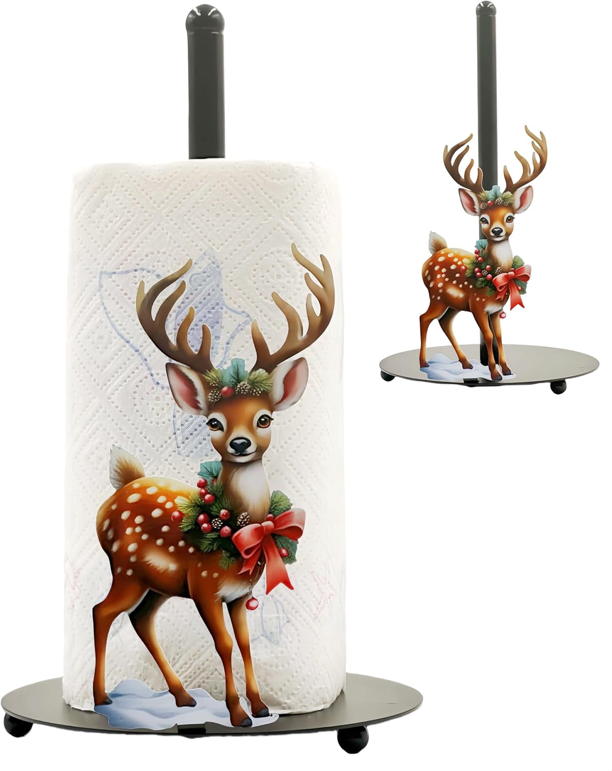 RGHJAR-Deer Paper Towel Holder, One-Handed Tear Paper Roll Stand with Weighted Base, Freestanding Metal Paper Towel Holders for Kitchen Bathroom, Rustic Cute Deer Decor, Housewarming Gift(1 Pack)