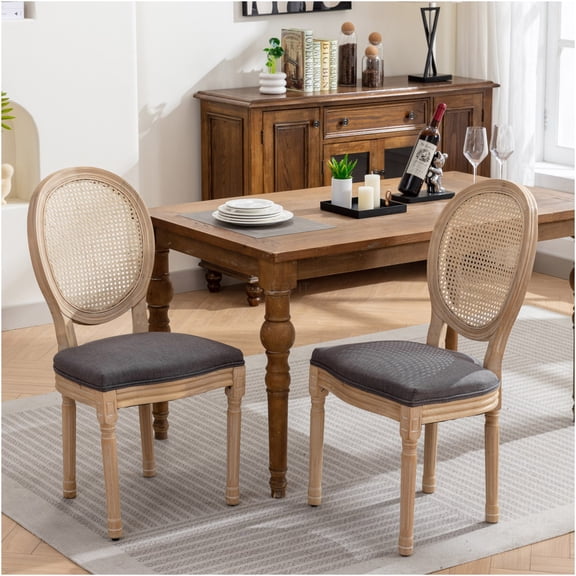 JERFIT French Country Dining Chairs Set of 2, Gray Linen Upholstered Side Chairs with Rattan Back & Solid Wood Legs for Kitchen Dining Room