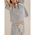 thumbnail image 5 of Yunliwuli Women Summer Shorts Outfits Stripe Round Neck Short Sleeve T-Shirts Tops Elastic Waist Shorts 2 Pieces Clothes Set, 5 of 8