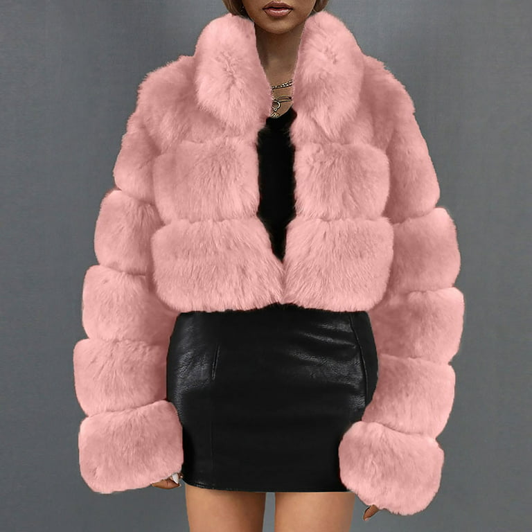 WENXI Pink Shaggy Faux Fur Lined Womens Medium Length Coat Jacket